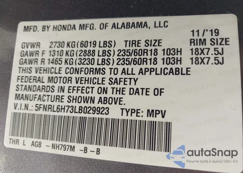 2020 Honda Odyssey from USA, damaged, VIN 5FNRL6H73LB029923